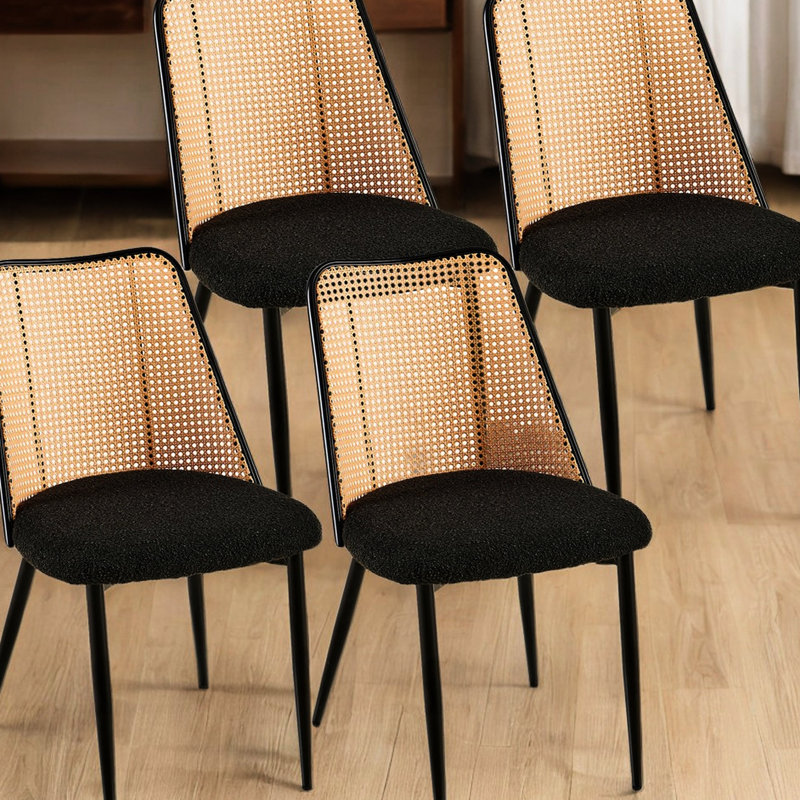 Chaises de salle à manger noires (4), dossier en canne naturel rembourré Boucle, look moderne pour la cuisine, conception à carreaux, pieds en métal, coussin en mousse, finition thermolaquée de 4 chaises, style bureau personnel, structure, rembourrage,
