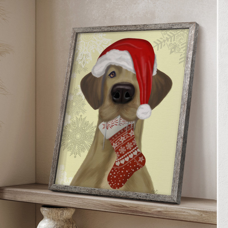 Christmas Drooly Christmas Dane, reproduction encadrée - bois massif, H 21 po x l 17 po