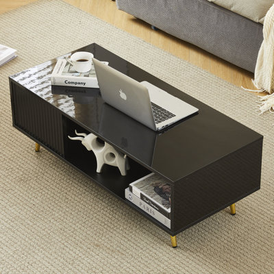Mercer41 16 Colors Led Rectangle High Gloss Coffee Table With Metal Legs, 41.3"w Fluted Wood Coffee Table With 3 Open Storage Shelves