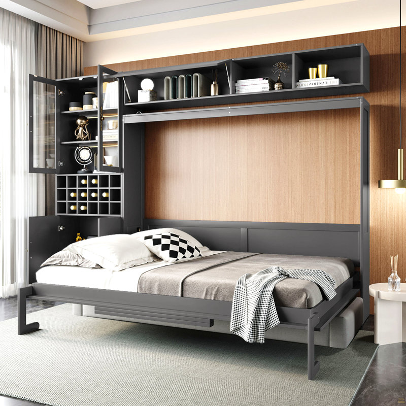 Grand lit escamotable mural avec canapé, tablettes USB et lumière, Gris, Grand lit