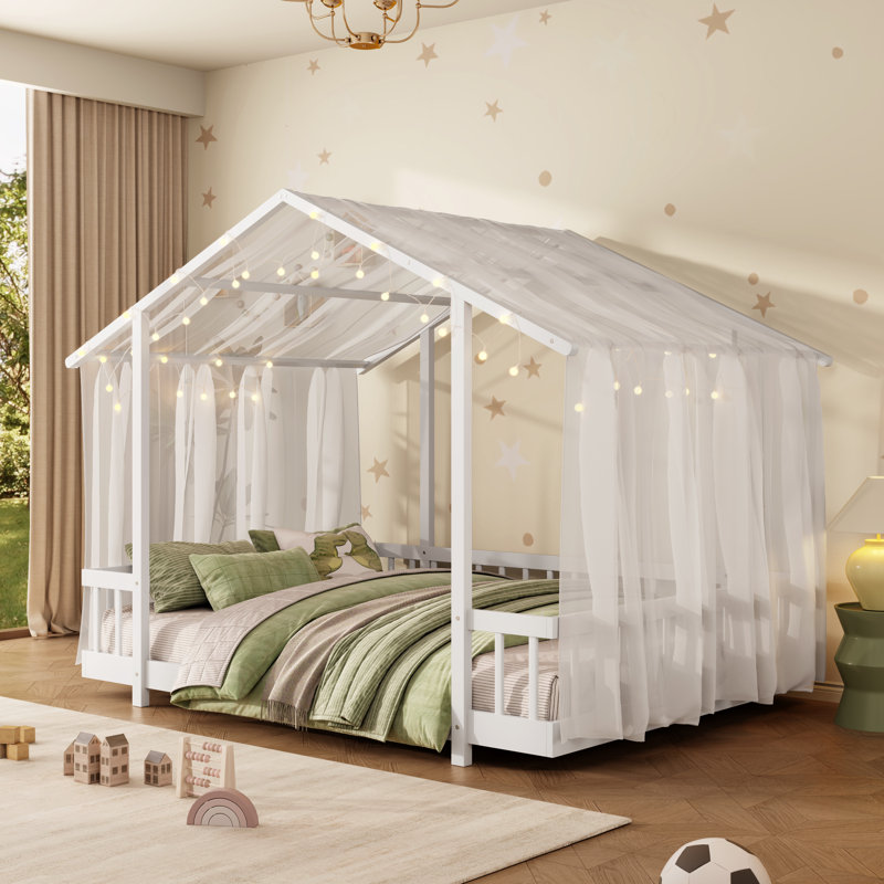 Lit plateforme double avec baldaquin en tissu transparent et guirlande lumineuse, blanc, Double, Blanc