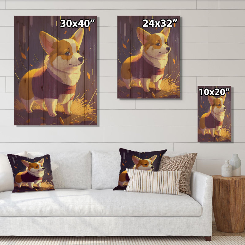 Mignon petit chien Corgi - impression sans cadre sur bois, H 40 po x l 30 po x P 1,5 po