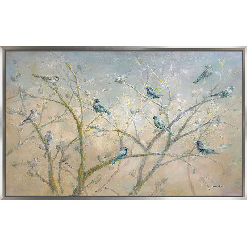 «Spring Gathering» par Danhui Nai - Peinture, H 27,5 po x l 43,5 po x P 2 po, Cadre flottant argent