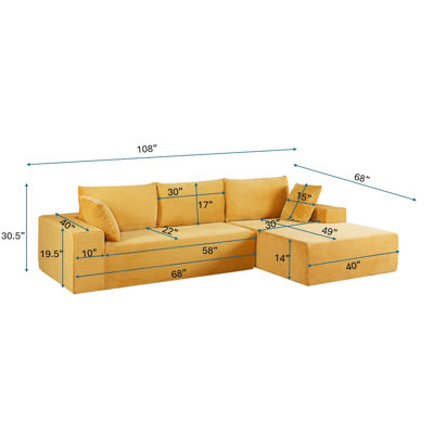 Canapé d'angle convertible 4 places, moderne et confortable, en velours côtelé doux jaune gingembre, convertible avec rembourrage en mousse, pour chambre et salon, orientation à droite, aucun assemblage requis, espaces confortables.