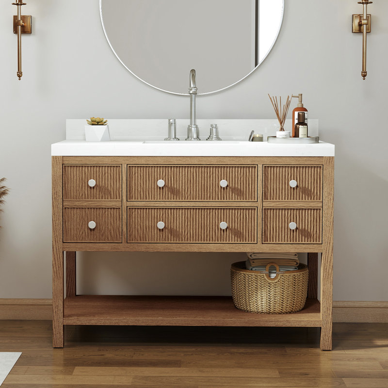 Quartz Single Vanity with Ceramic Sink, Natural Oak, 48"
