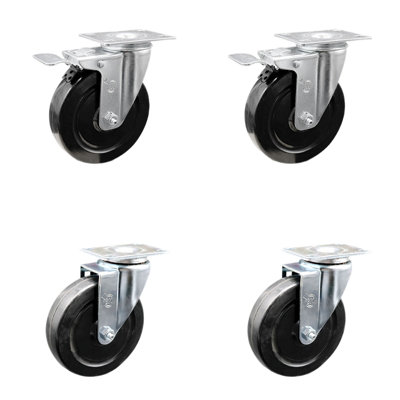 5 Inch Hard Rubber Wheel Swivel Top Plate Caster Set 2 Total Lock Brakes SCC