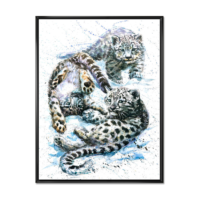 Petits léopards des neiges - Peinture, H 12 po x l 8 po x P 1 po, Cadre flottant noir