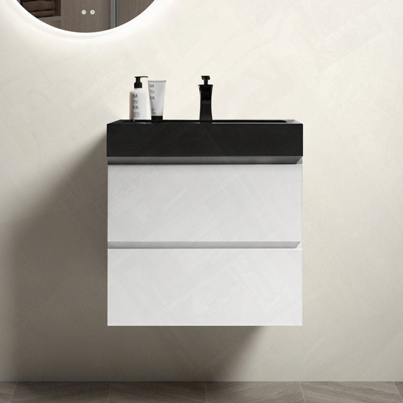 Meuble-lavabo mural flottant avec évier biseauté pré-assemblé, Blanc, 24"