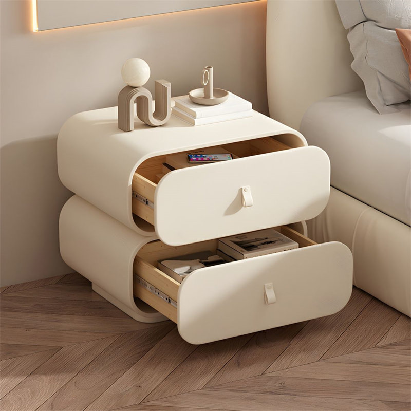 Table de chevet rectangulaire moderne en bois massif avec tiroir en cuir et coins arrondis Modern Minimalist, aucun assemblage requis