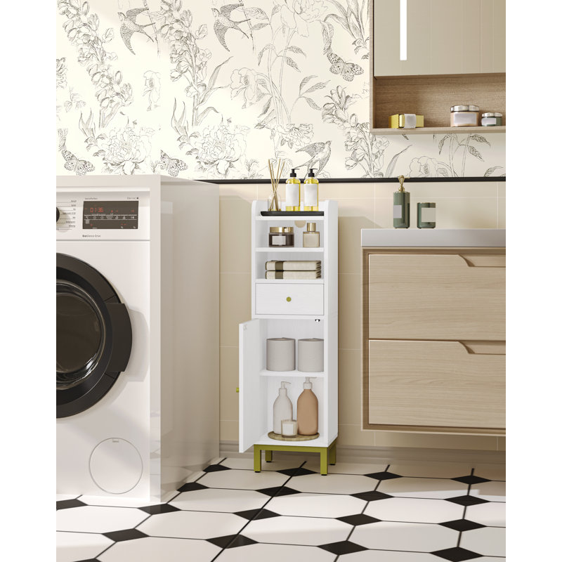 Bathroom Storage Cabinet, Corner Floor Cabinet with Drawers and Doors, Narrow Toilet Paper Holder, Bathroom Organizer with Adjustable Shelf, for Small Spaces, White