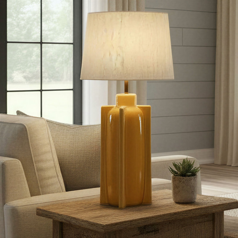 Yellow Ceramic Table Lamp with Crossed Base and Linen Shade