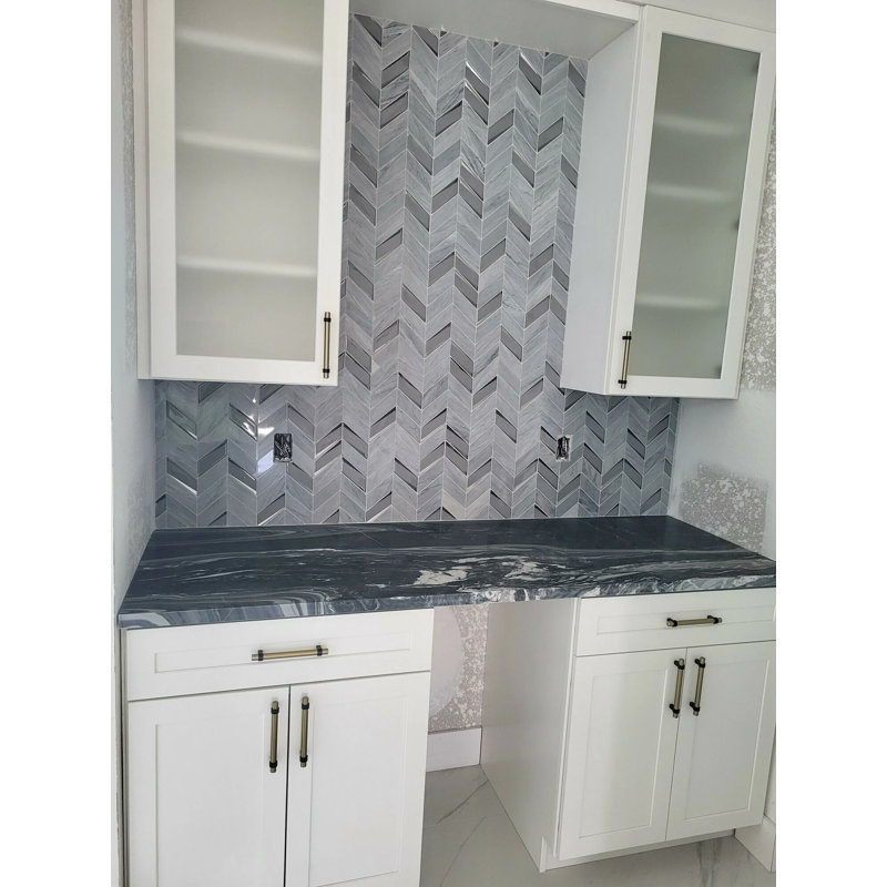 Kasol 11x13 Chevron Polished Marble and Mirrorerd Glass Mosaic Tile, Dove Mirror