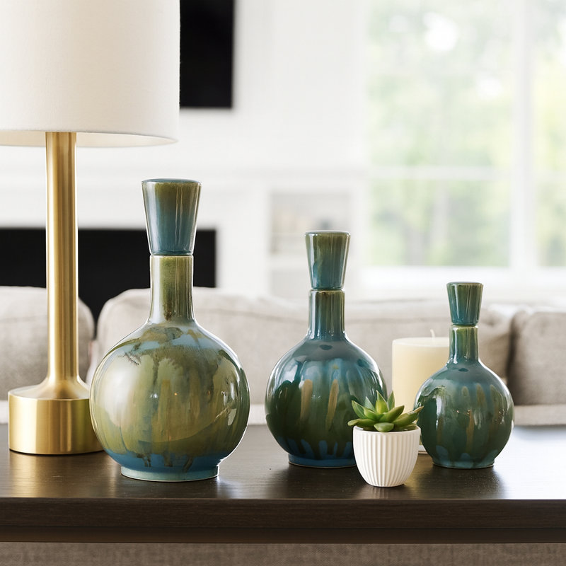 Ensemble de 3 vases décoratifs en céramique et grès, Vert