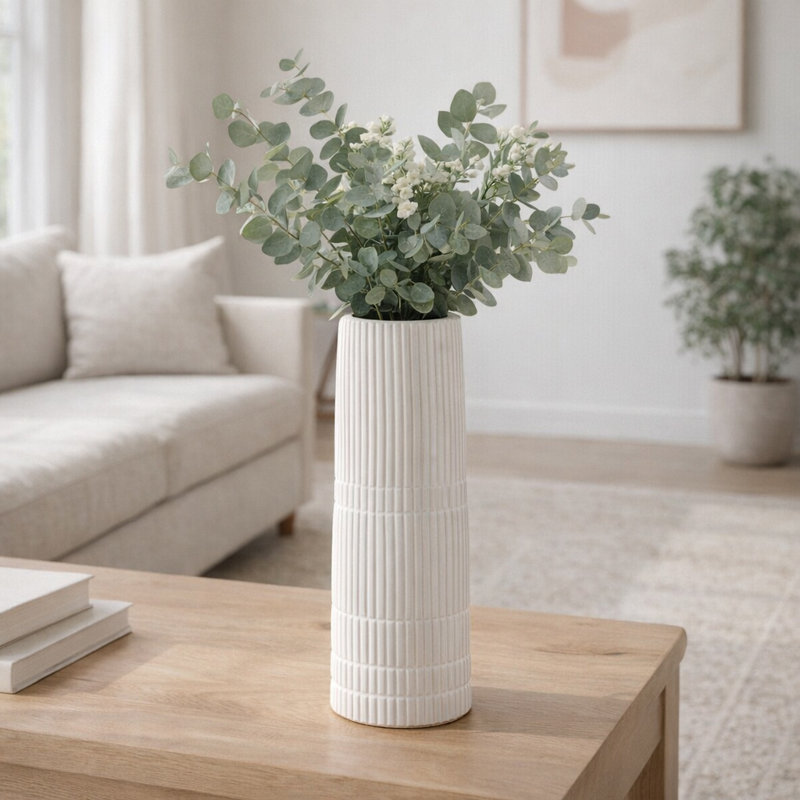 Rachael Modern Neutral Ceramic Vase, White, 15" H x 5" W x 5" D