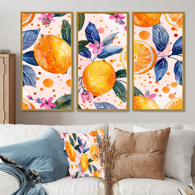 Yellow Pink Floral Orange Trees II - Fruits Wall Art Living Room Set