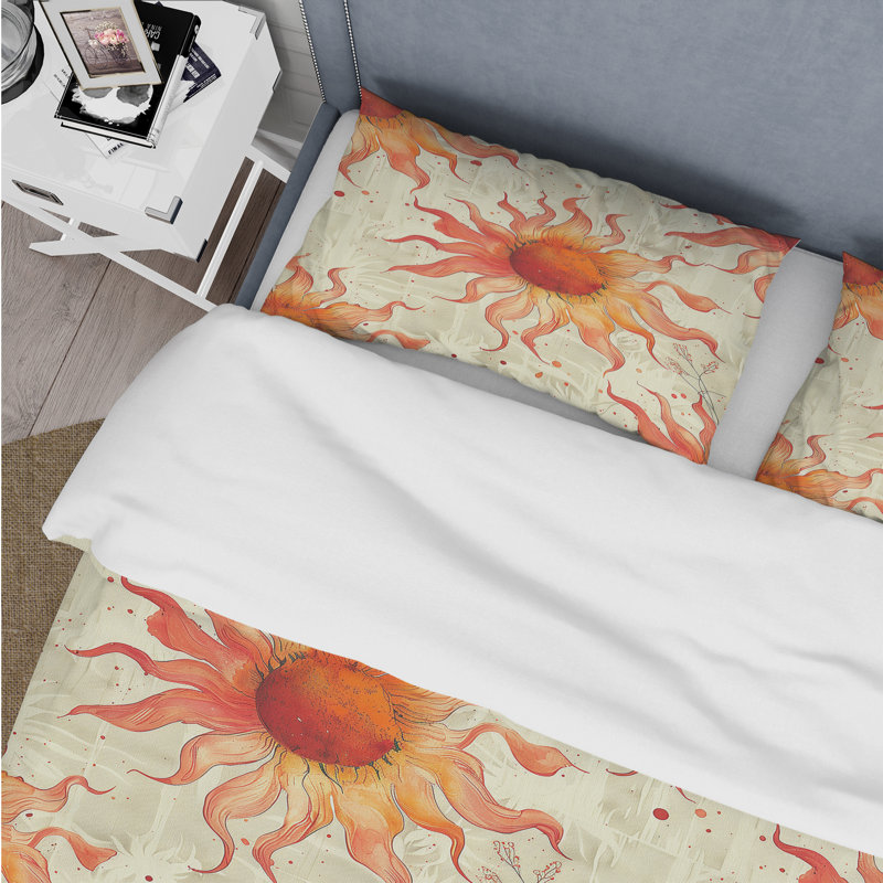 Ensemble de housse de couette orange et beige Morning Glow Sun I - Boho, Housse de couette simple + 2 taies décoratives st