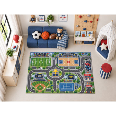 Tapis de sol ultramince 152 x 213 cm (5 pi x 7 pi) motif de champions sportifs, coloré, idéal pour une salle de jeux ou une chambre d'enfant. Doux et confortable.