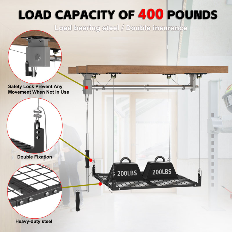 Ceiling Garage Storage Rack With Height Lifting 4x4 Ft 