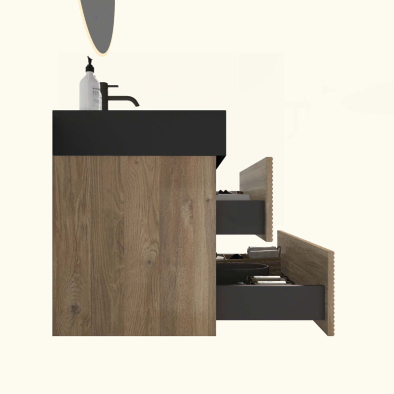 Meuble-lavabo de salle de bain avec lavabo en quartz d'ingénierie et tiroirs souples, meuble-lavabo mural flottant pour salle de bain moderne, lavabo une pièce mat, KD