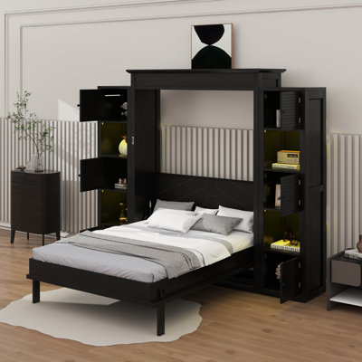 Lit escamotable avec armoires de rangement et lumières DEL Murphy, lit escamotable pliable en bois avec tête de lit rembourrée