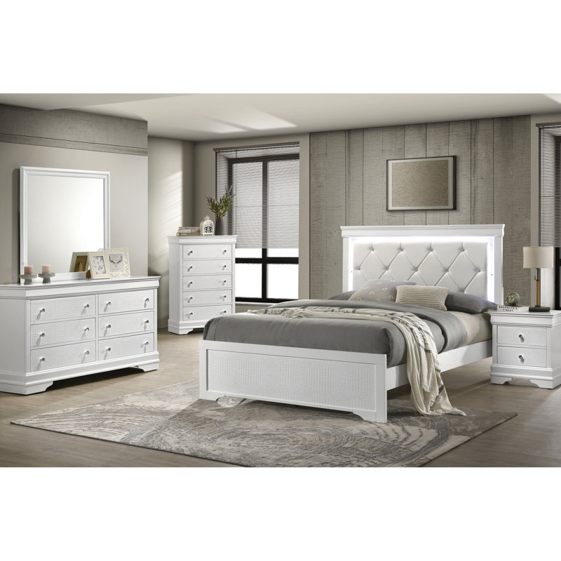 Lit simple pour chambre à coucher avec structure en bois et tête de lit à DEL en matériau solide blanc, Blanc