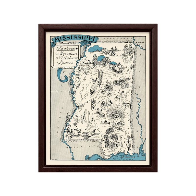 Carte illustrée du Mississippi, H 08 po x l 10 po, Canevas, Encadrement brun
