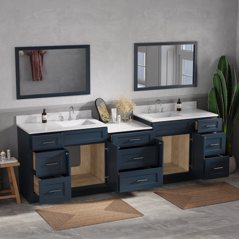 Plateau de meuble-lavabo double en bois massif avec tiroir à queue d'aronde et comptoir Carrara, Bleu, 103"