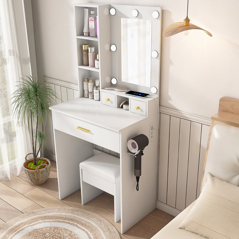 Table de coiffeuse avec miroir et lumières DEL réglables, prise de courant, support pour sèche-cheveux et tabouret, bureau de rangement compact et fonctionnel pour les petites chambres