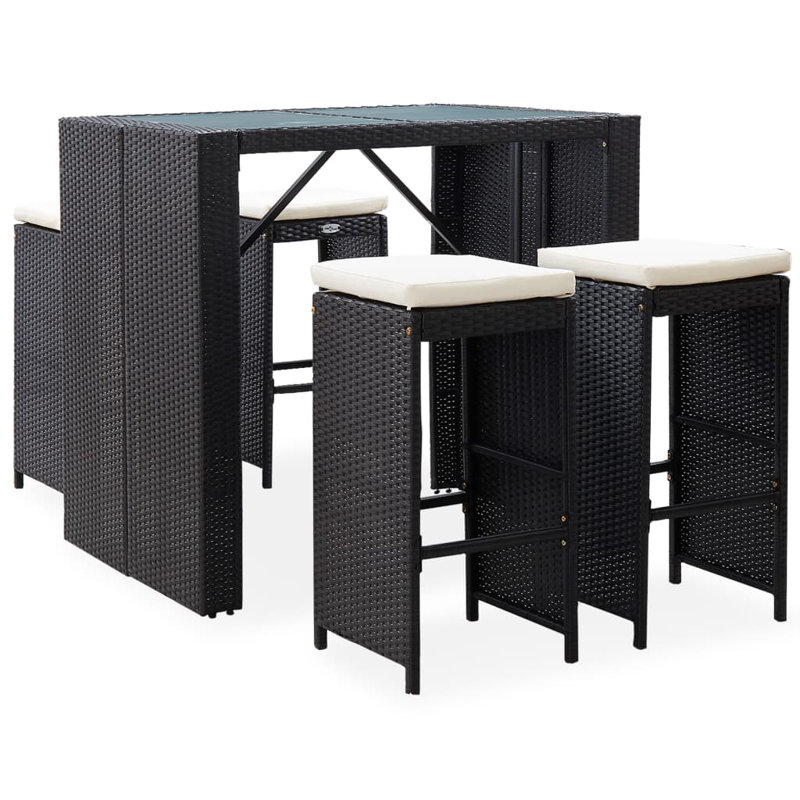 Patio Bar Set Outdoor Bar Table and Stools Poly Rattan and Glass Black