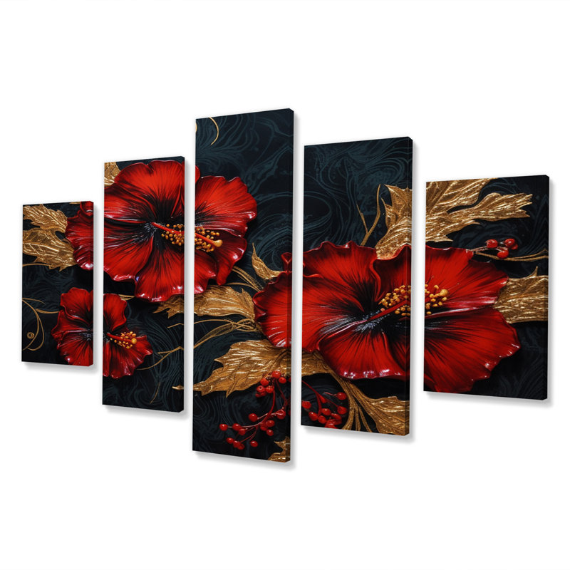 Ghislain - Hibiscus, reproduction d'art murale - 5 panneaux