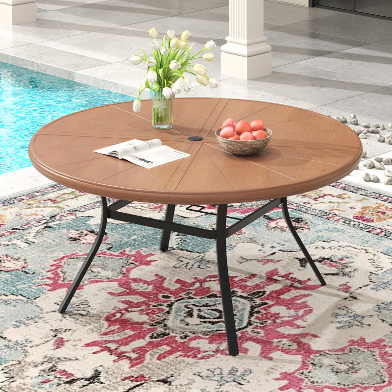 4-Person Aluminum Round Patio Dining Table, Brush Wood Brown, 28" H x 40.6" L x 40.6" W