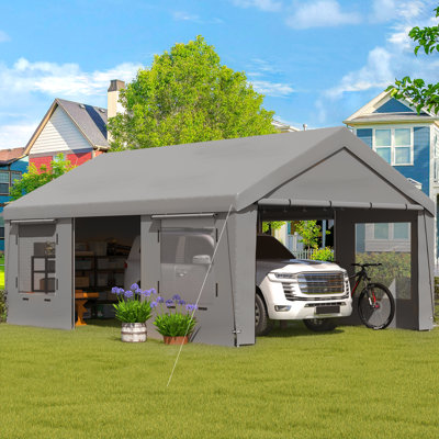 13' X 20' Heavy-Duty Portable Garage, Carport With Removable Sidewalls & Roll-Up Windows, All-Season Carport Shelter For Truck, Boat, Tractor, Dark Grey (Double-Faced)