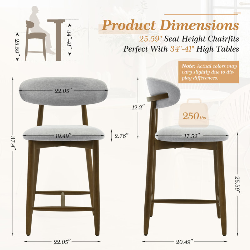 Tabouret de comptoir rembourrÃ© de 25 po avec dossier incurvÃ© et piÃ¨tement en bois massif, 1, Gris clair