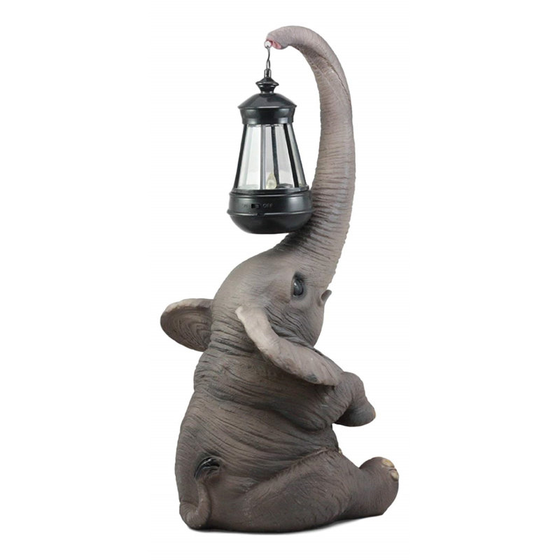 Hand-Painted Gray Resin Elephant Garden Statue with Lantern