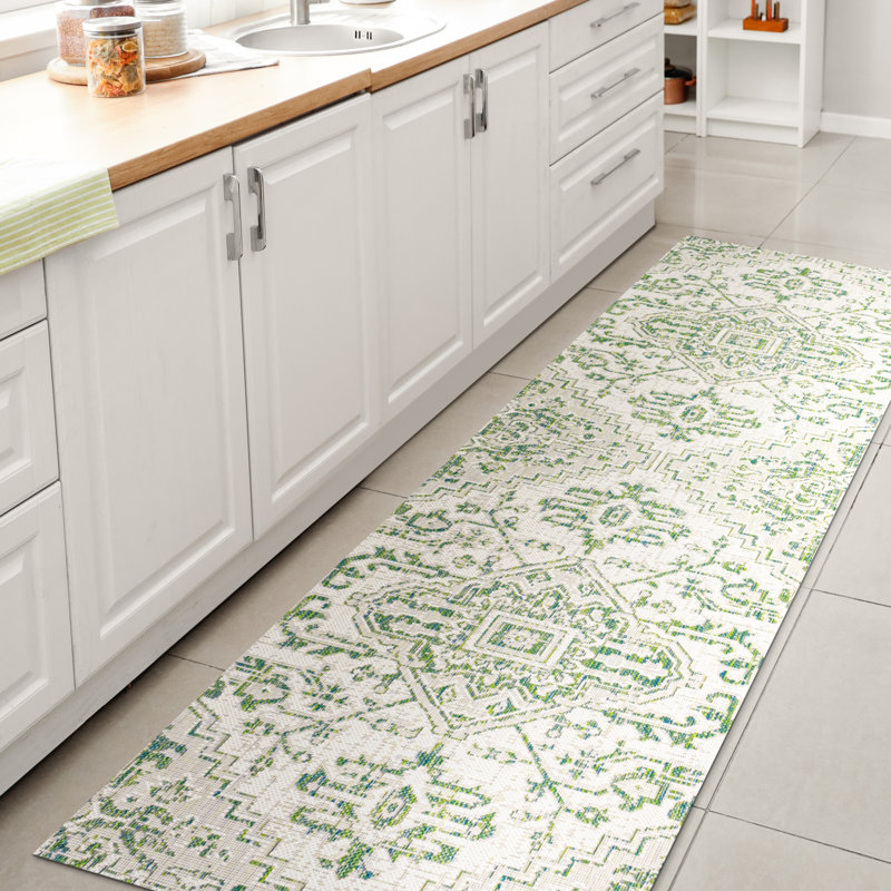 Truman Bohemian Medallion Textured Weave Green/Cream Indoor/Outdoor Rug, Runner 2'2" x 8'