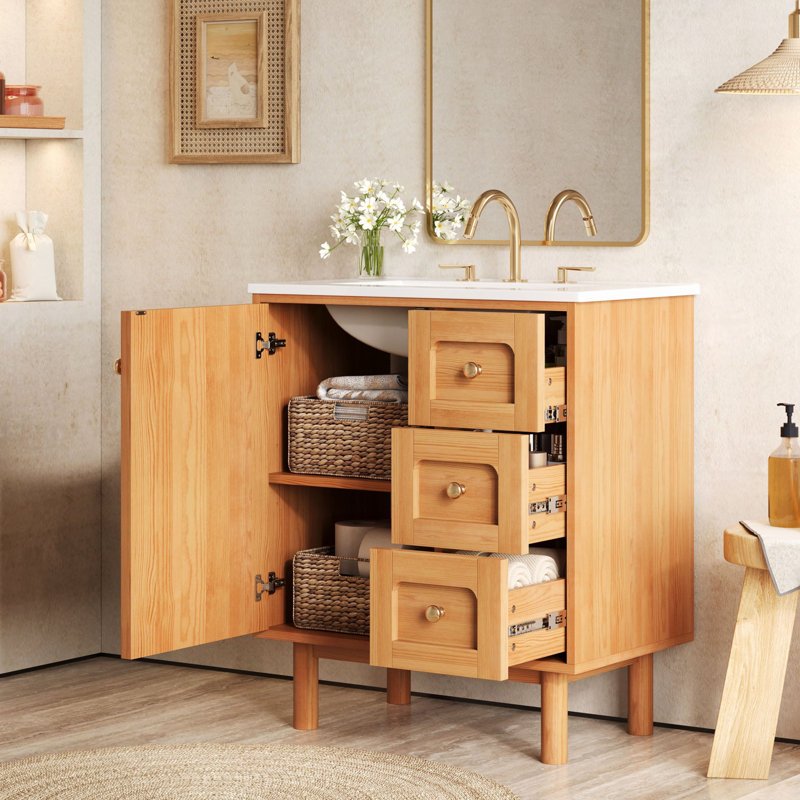Meuble-lavabo de 30 po avec lavabo en céramique, meuble-lavabo avec 3 tiroirs, 1 grande porte à fermeture douce et armoire de rangement Farmhouse