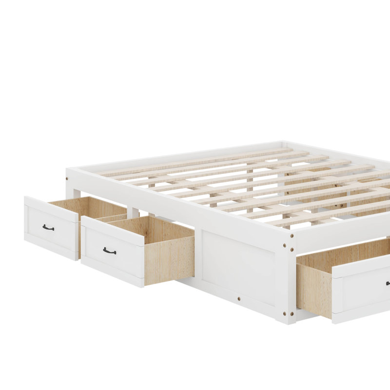 Grand lit plateforme avec 6 tiroirs, Blanc antique
