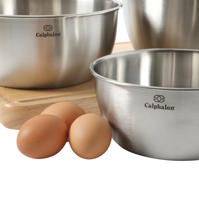 Ensemble de 3 bols à mélanger Calphalon Astro, ensemble de bols à mélanger en acier inoxydable 3 pièces avec finition mate, bols gigognes en métal pour la cuisine, la cuisson et la préparation, argent