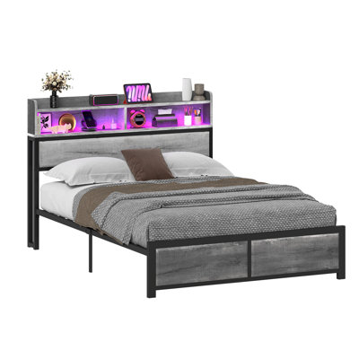 Kingsize Bed Frame with LED Headboard, Metal Platform Bed Frame with USB Ports&Charging Outlets, 2 Tiers Storage Shelves