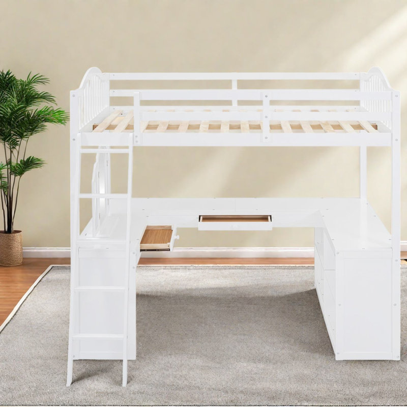 Lit mezzanine double avec bureau de rangement, chambre à coucher moderne en bois aggloméré blanc