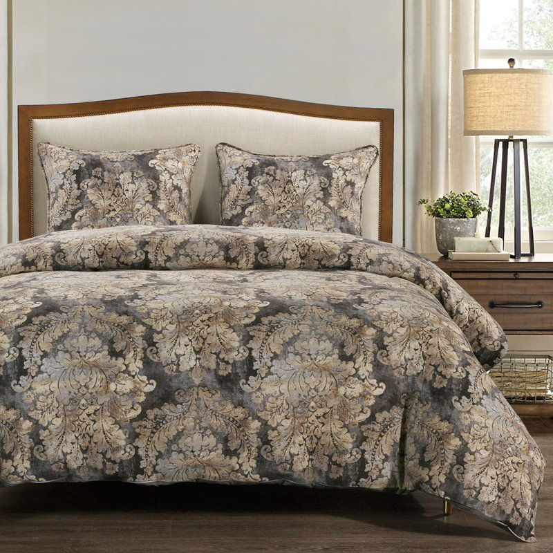 Victoria Gray Cotton Queen Damask Comforter Set