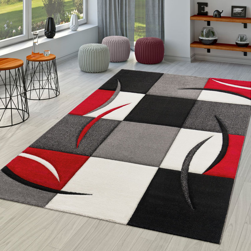 Tapis géométrique tissé à la machine Currelly en rouge / noir / gris, Rectangle 7 pi 10 po x 10 pi 10 po