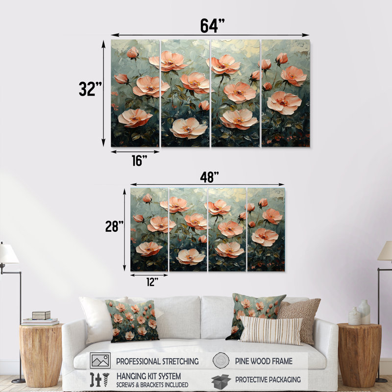 «Roses Flowers Fragrance Of Serenity I» - Art mural - Ensemble de décoration murale, H 28 po x l 48 po, 4