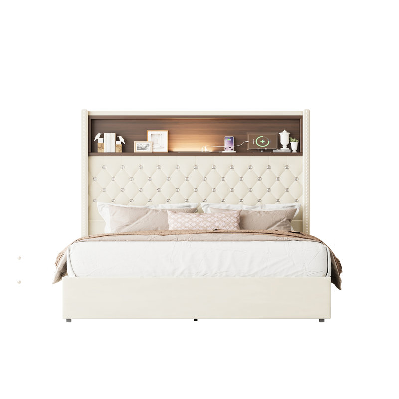 Full Size Luxury Velvet Tufted Bed Frame with USB & Night Light, 52'' Rivet-Decorated Headboard, Wing-Back Shelf Platform Bed, Beige