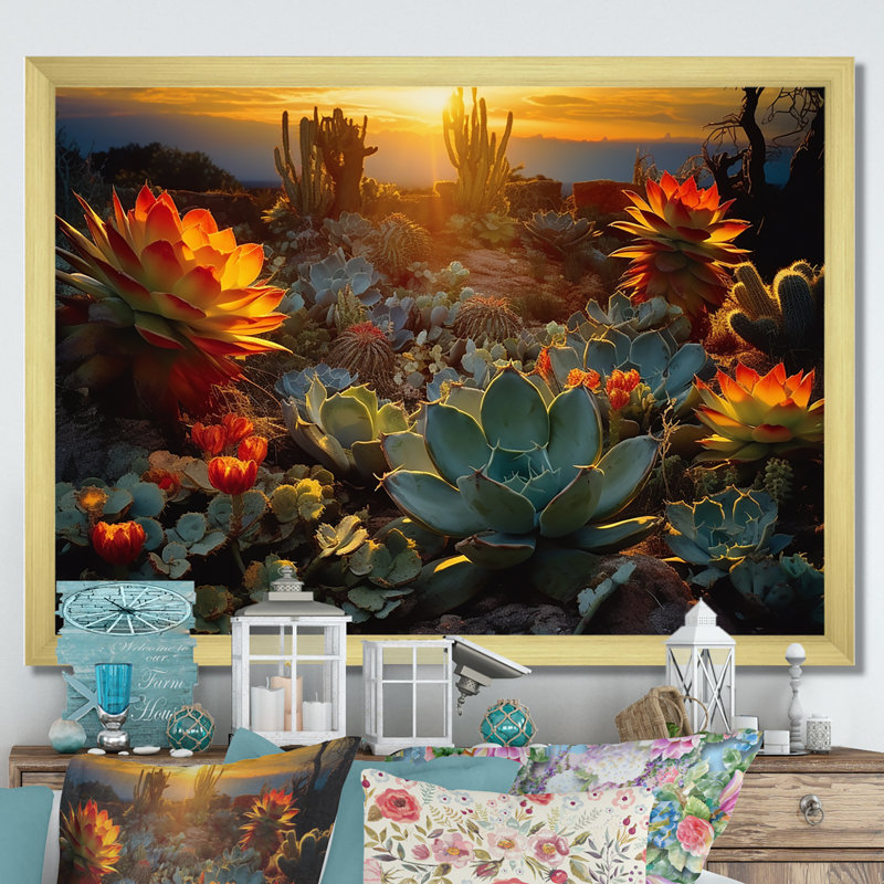 Succulent Desert Cactus Field Burning Sunset - Succulent Wall Art, Cadre photo unique, H 12 po x l 20 po, Doré
