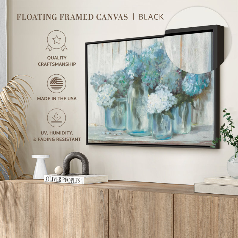 Ancolie Hydrangeas In Glass Jars Blue Canvas Print, 25" H x 37" W