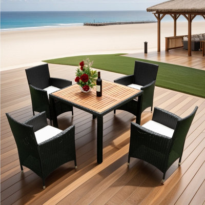 Edward-Matthew 5 Piece Outdoor Patio Wicker Dining Set With Acacia Wood Top, Black Wicker And Creme Cushion by Red Barrel Studio