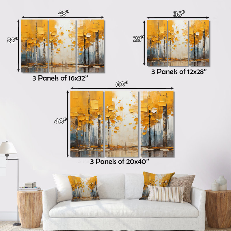 Forêt jaune, collage de bois II sur toile, 3 pièces, H 28 po x l 36 po x P 1 po