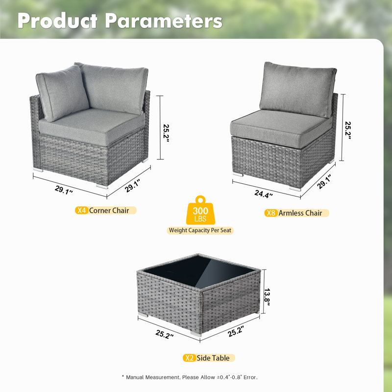 12-Person Outdoor Sectional With Cushions,All-Weather Wicker Patio Set, Dark Gray