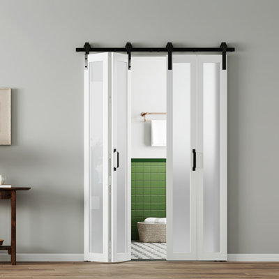 Porte de grange pliante en verre givré avec quincaillerie - Cadre en panneau de fibres à densité moyenne, panneau d'intimité givré, porte pliante intérieure pour la maison